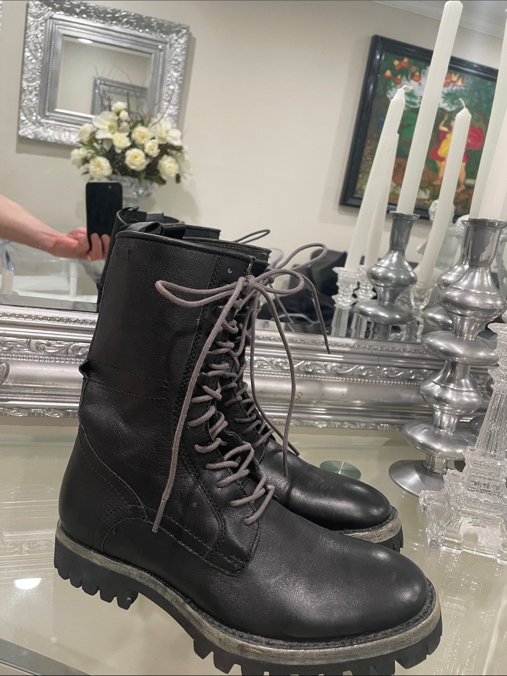 Kenneth Cole Black Leather Combat Boots with Gray Laces